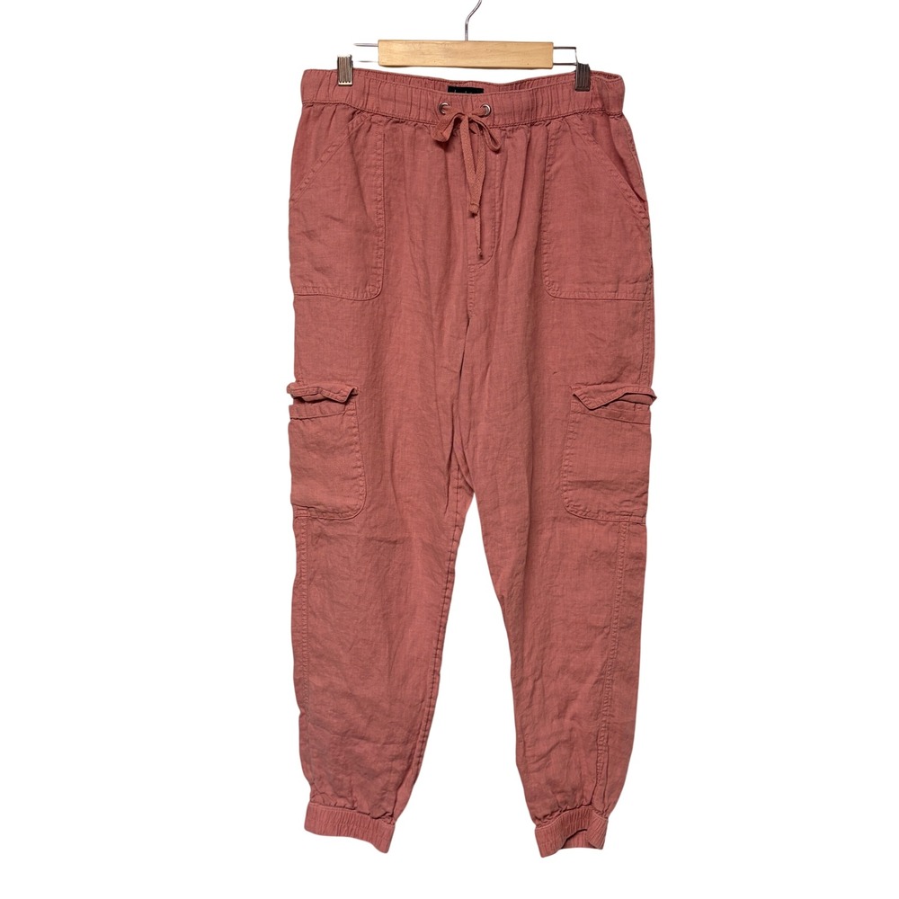 Nicole Miller Linen Pull On Cargo Joggers Size L Rose Beach Coastal Cottage
